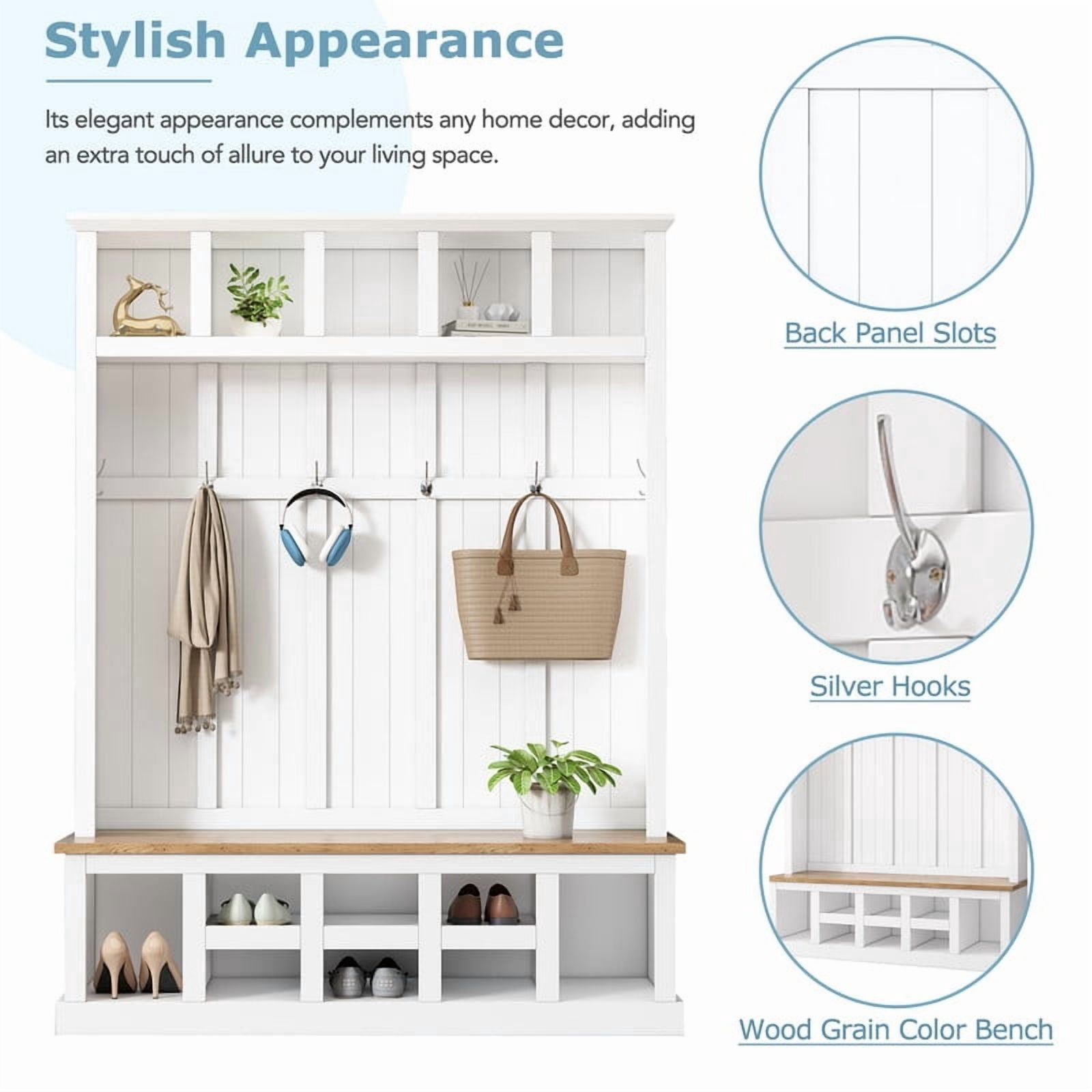 Farmhouse Hall Tree with Shoe Storage Bench and 13 Compartments, Entryway Coat Rack with 6 Hooks, Elegant Shoe Cabinet for Mudroom, Living room