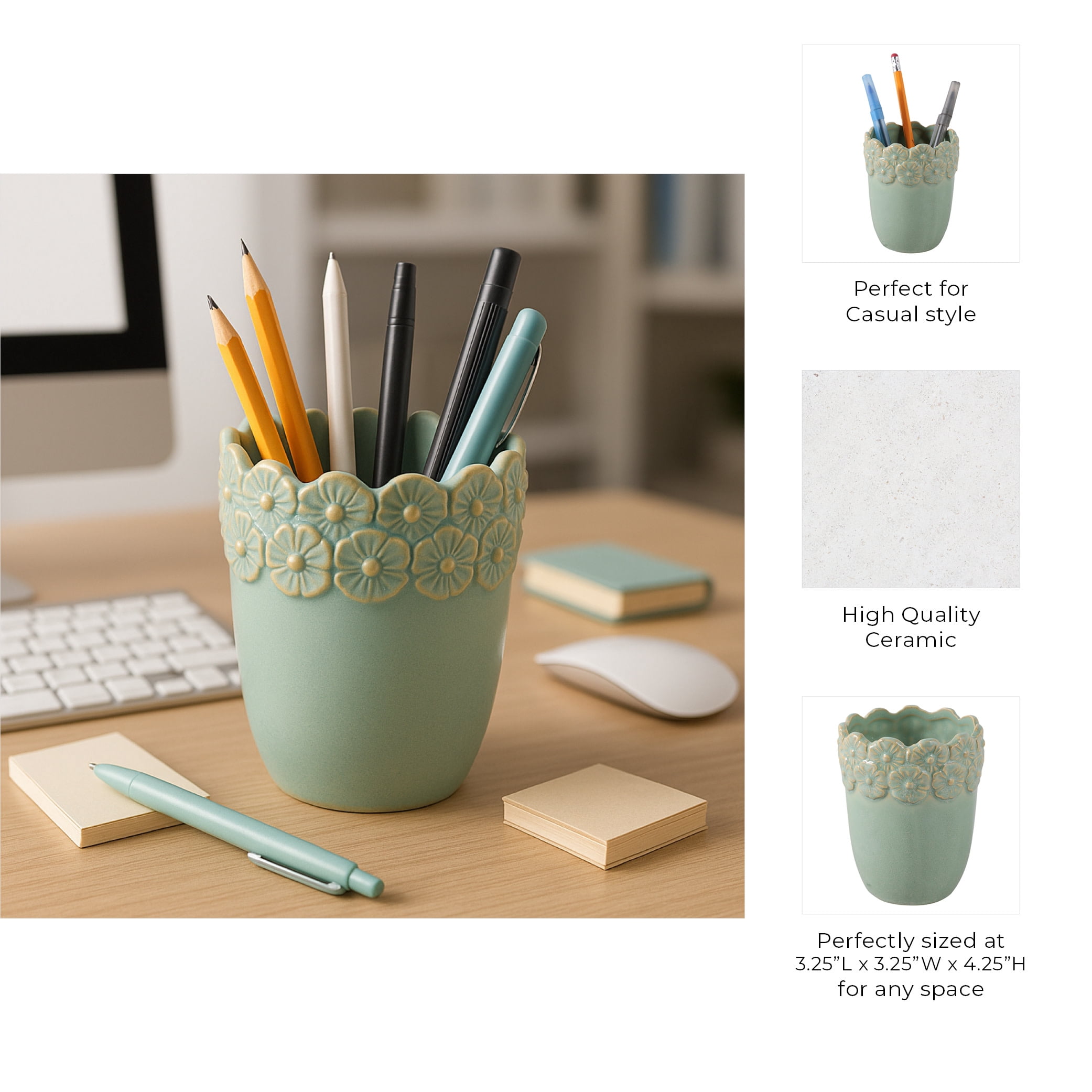 Flower and Scallop Border Ceramic Desk Organizer - Cute Desktop and Office Storage Organizer for Workspace Decor - Functional Small Desk Holder for Office Accessory and Home Decor - 4", Green