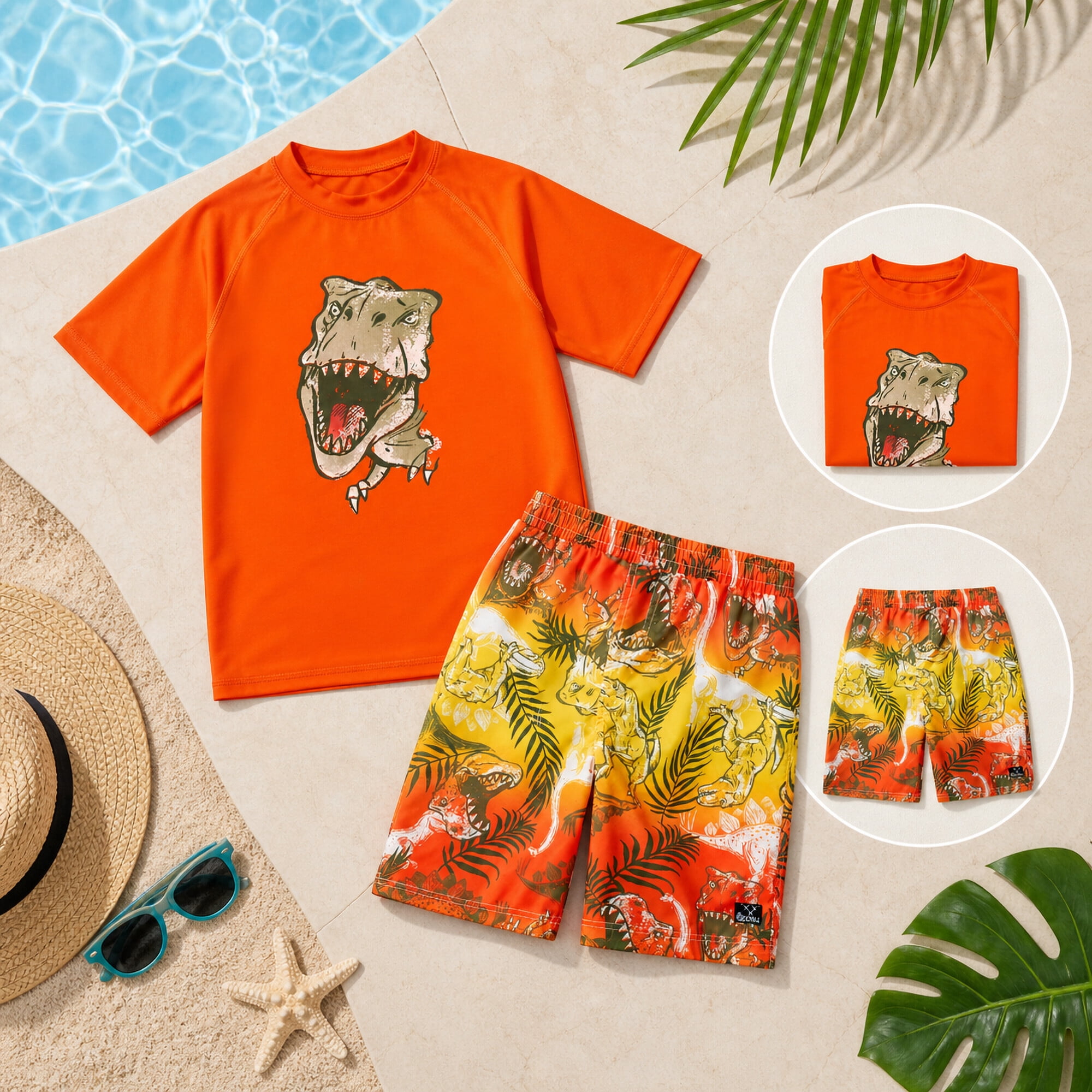 Big Chill Boys Swim Set - UPF50+ Short Sleeve Rash Guard Swim Shirt and Swim Trunks 2 Piece Set