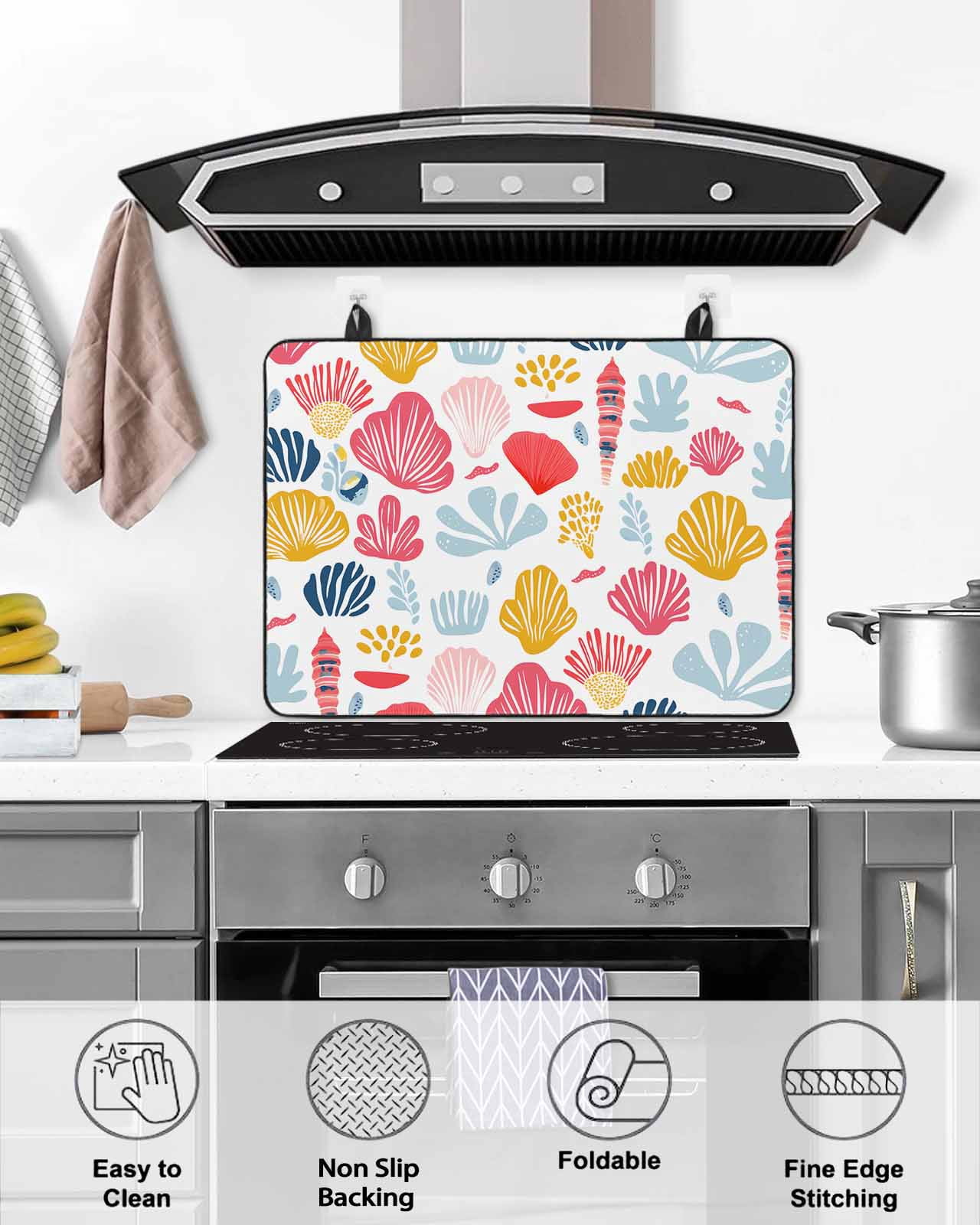 nqOlkjepod Large Induction Cooktop Protector Mat 24"x21", Colorful Coastal Shells Stove Top Covers for Electric Stove, Watercolor Summer Ocean Life Stove Burner Cover Mats, Glass Top Stove Cover