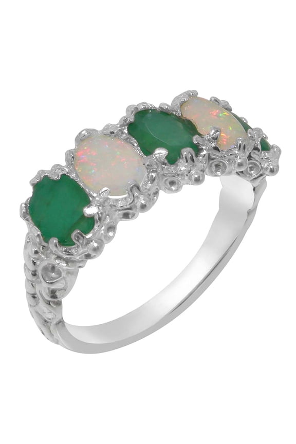 LBG British Made 9k White Gold Natural Emerald & Opal Womens Eternity Ring - 33 size options - Size 6.5