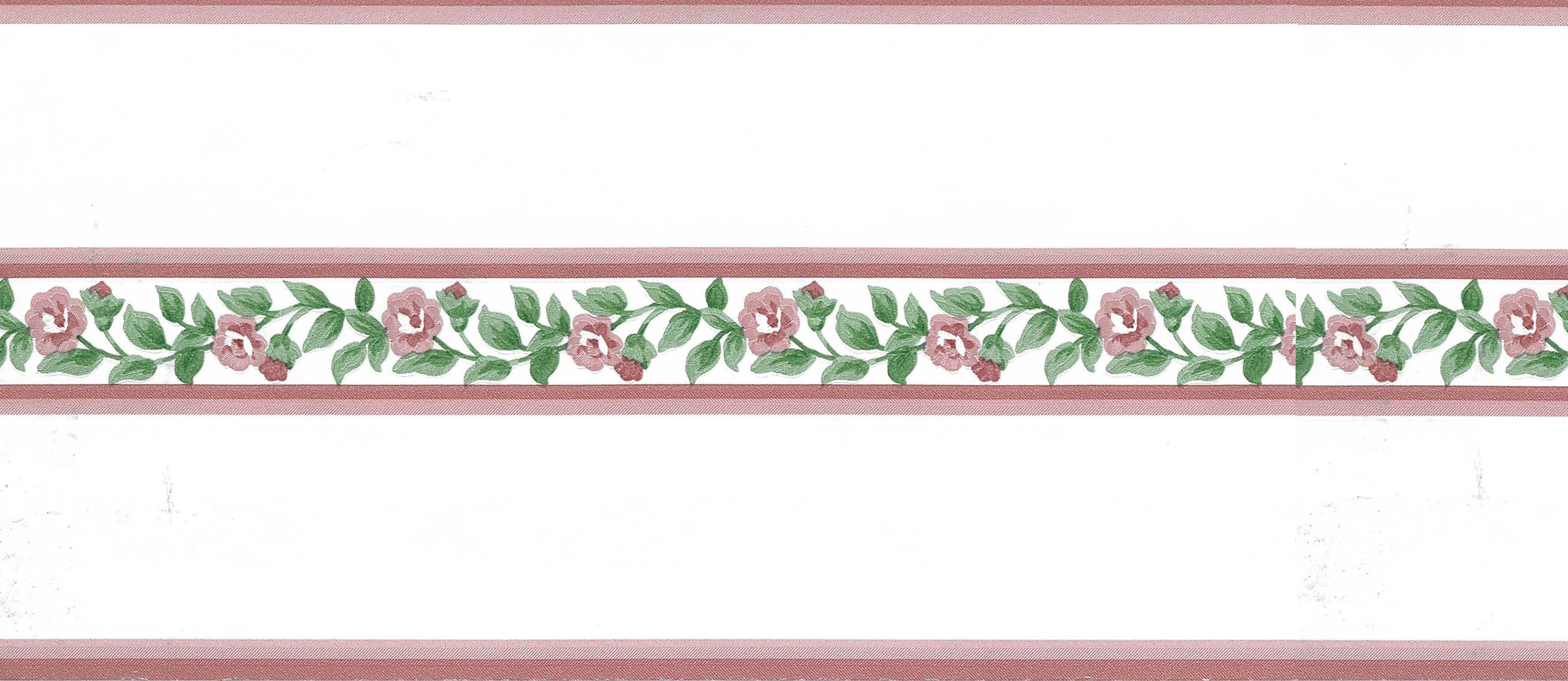 Prepasted Wallpaper Border Floral Pink, Green Flowers on Vine Wall