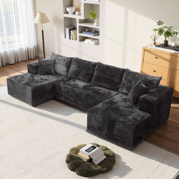 132" Sectional Sofa couches set Oversized U Shaped Sleeper bed Couch,Double Chaise 4-Seat Cloud Couch with Pillow Back and Square Arms for Living Room Home Apartment,Dark gray