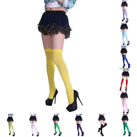 Ticikt Solid Color Thigh High Stockings, Breathable Candy Color Over Knee Socks for Party Helloween Women,Yellow