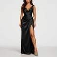 thumbnail image 4 of SAWOBUUN Womens Satin High Slit Maxi Dress Sleeveless V Neck Ruched Bodycon Long Dress for Evening Party Prom Wedding Guest, 4 of 9