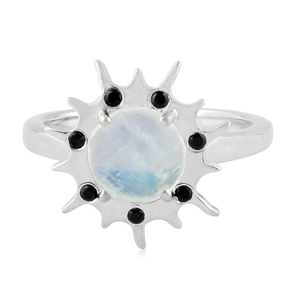 Black Spinel Rainbow Moonstone 925 Sterling Silver Sunburst Ring For Women
