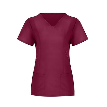 

Women Scrubs Tops Casual Solid Color Short Sleeves V-Neck Workwear Professionals Lightweight Comfy Slim Fit Tunic Medical Scrub Top