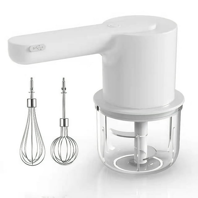 INTEXCA Robot Culinaire et Mélangeur Sans Fil 2-en-1 - Hachoir 300 ml avec 2 Fouets - Rechargeable par USB à 5 Vitesses - Blanc