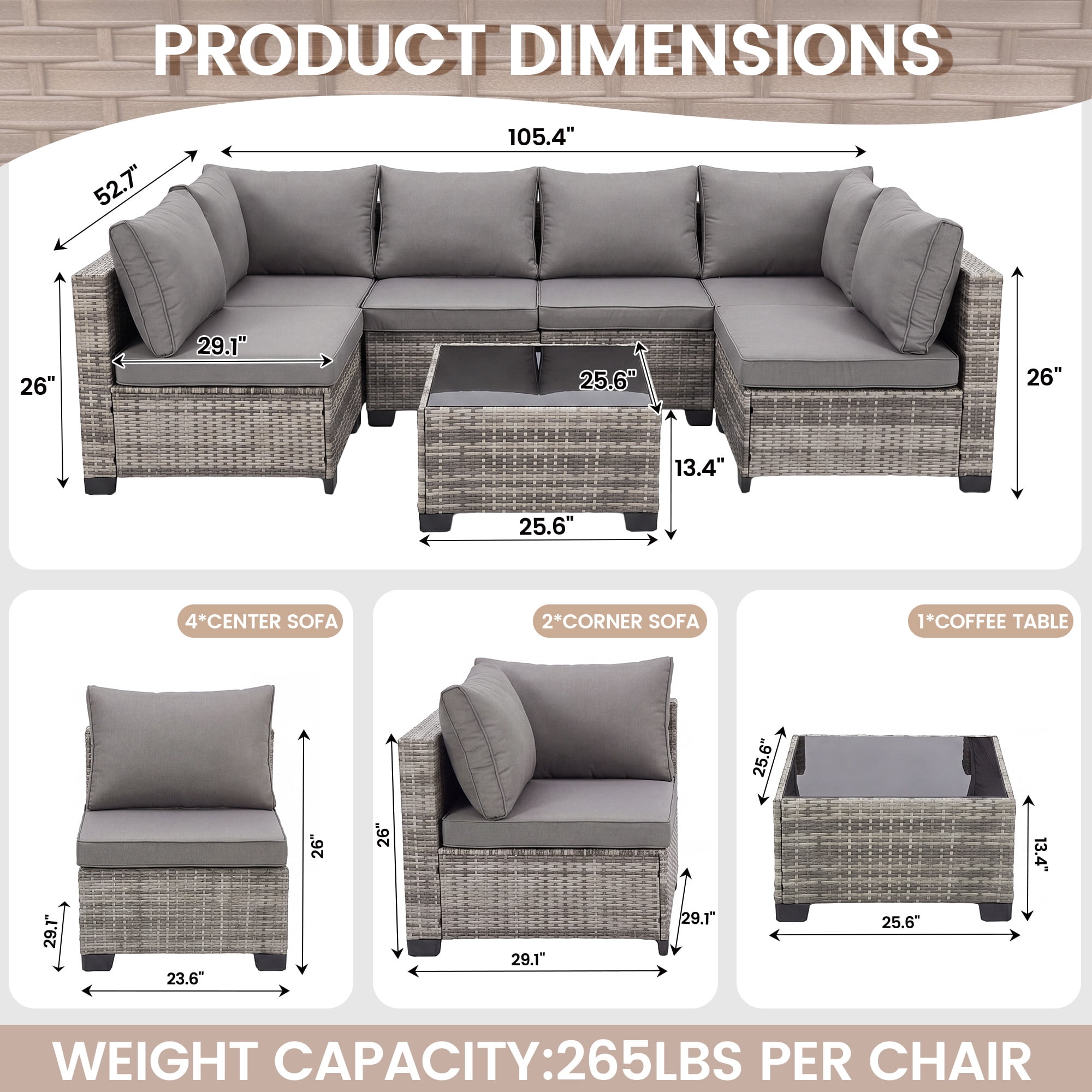 MOLIBYME 7 Pcs Outdoor Patio Furniture Set, Modular Outdoor Sectional Wicker Conversation Set, Rattan Sofa Set with Glass Table and Washable Cushion Covers, Light Gray