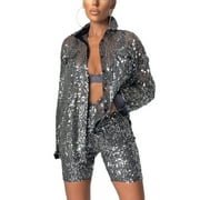 Wassery Women Sparkly Button Down Shirts Glitter Sequin Long Sleeve Blouse Shirts Top Bling Shiny Oversized Lapel Tops