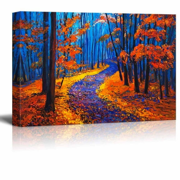 wall26 Canvas Print Wall Art Brushstroke Effect Red & Blue Autumn Forest Nature Wilderness Illustrations Modern Art Rustic Scenic Colorful Multicolor for Living Room, Bedroom, Office - 24"x3