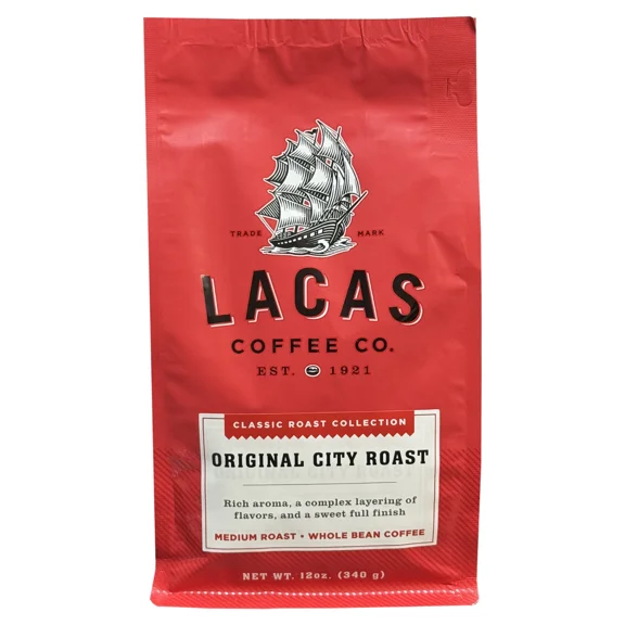 Lacas Coffee Company Original City Roast Whole Bean Coffee, Medium Roast, 12 oz Bag