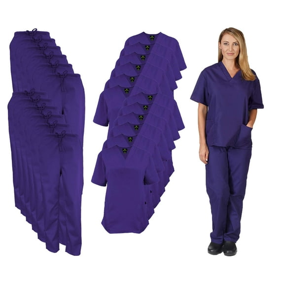 M&M SCRUBS Women Scrub Set V-Neck Medical Scrub Tops and Drawstring Pants - Pack of 12 Set (Purple, 4X-Large)