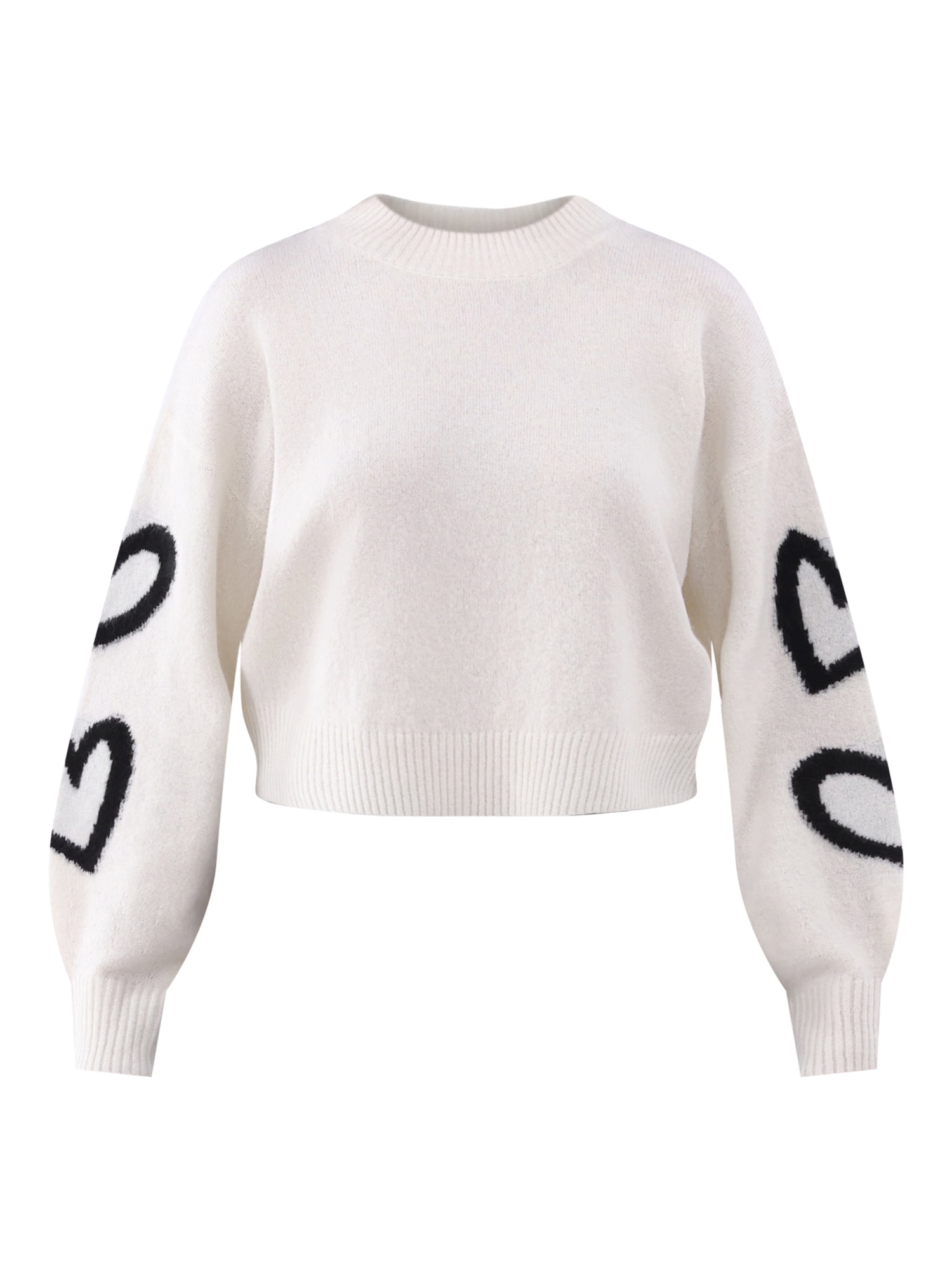 No Boundaries Crewneck Pullover Motif Sleeve Sweater, Women’s