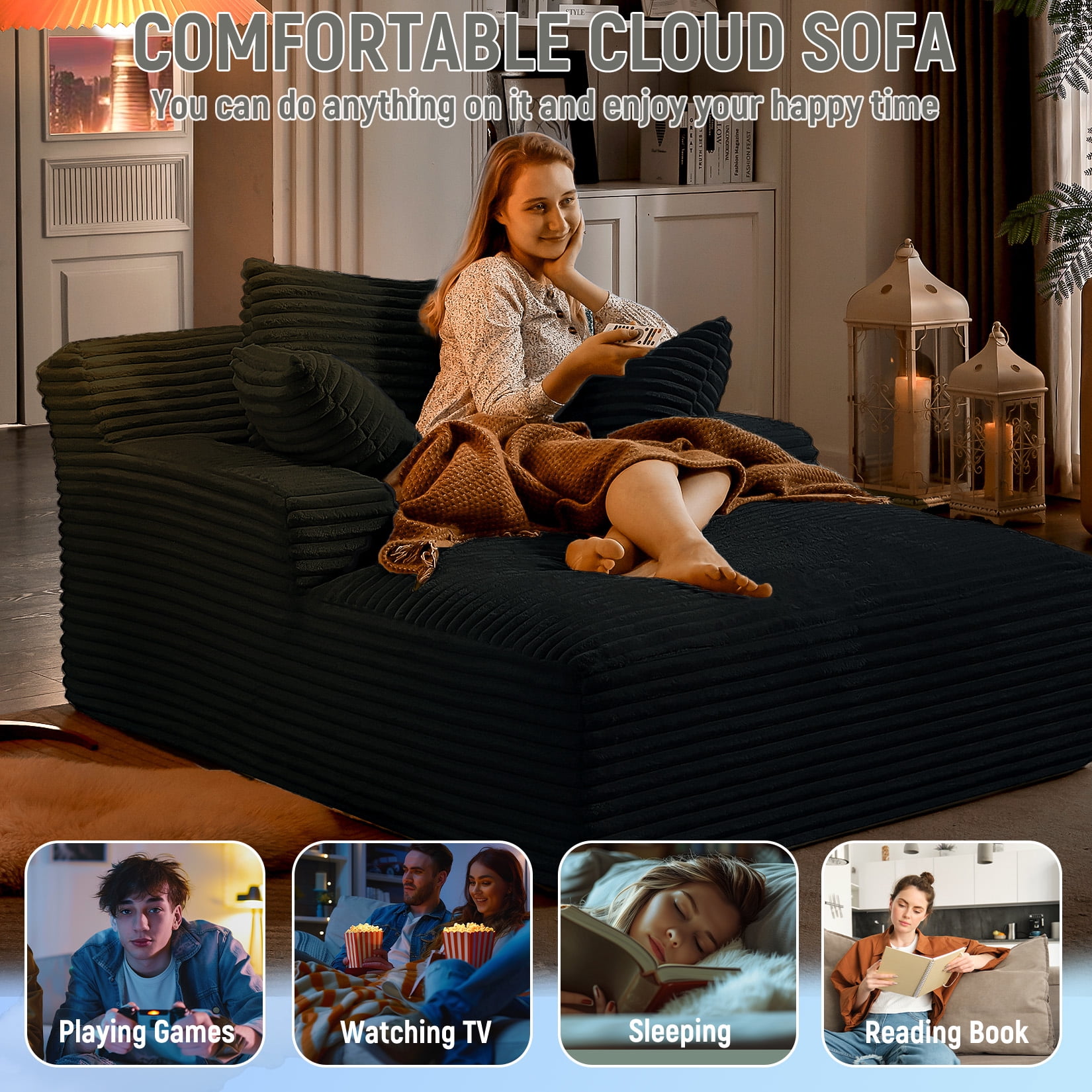Chaise Lounge Chair Indoor, 50'' Upholstered Sofa Bed with 2 Throw Pillows, Comfy Lounge Indoor, Sleeper Reading Chair, Oversized Recliner Sofa, Fluffy Couch (Blue)