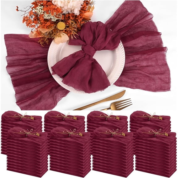 100 Pieces Cloth Napkins Burgundy Dinner Cheesecloth Napkins for Wedding,Wrinkled Cloth Napkins Bulk for Home Party Rustic Table Decoration, 17 x 17 Inch
