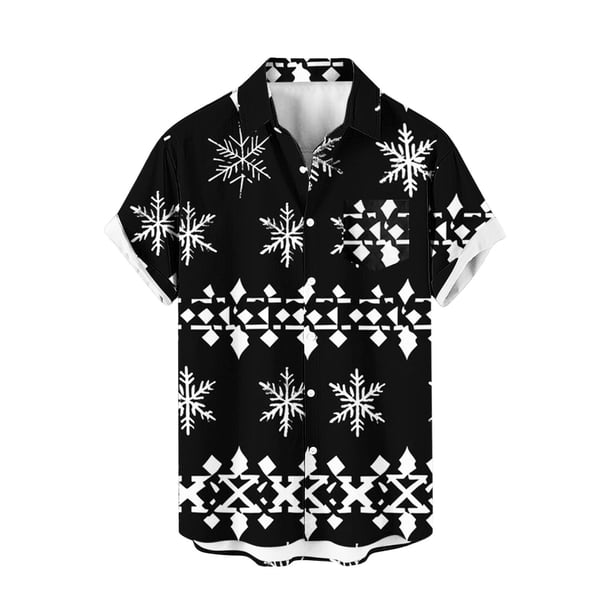 Mens Manga Corta Botón Abajo Camisas, Navidad Impreso Turndown Cuello Blusa, Top de Moda Casual