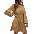 thumbnail image 1 of Vestido delgado de manga larga con frunces de color sólido con cuello en V y temperamento a la moda para mujer Pompotops  hdfakjf1239, 1 of 1
