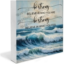Ocean Wave Be Strong Wooden Box Sign Beach Gifts Funny Summer Decor for Home Boho Desk Accessories Table Centerpieces for Dining Room Wood Block Signs Housewarming Gifts 7x7 In