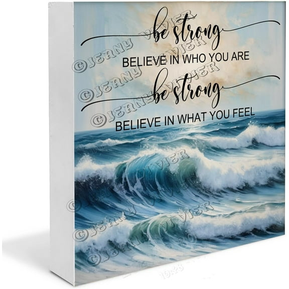 Ocean Wave Be Strong Wooden Box Sign Beach Gifts Funny Summer Decor for Home Boho Desk Accessories Table Centerpieces for Dining Room Wood Block Signs Housewarming Gifts 7x7 In