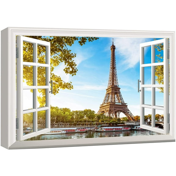 wall26 Canvas Print Wall Art Window View Paris Eiffel Tower Along The Seine Nature Wilderness Photography Modern Art Rustic Scenic Colorful Ultra for Living Room, Bedroom, Office - 12"x18"