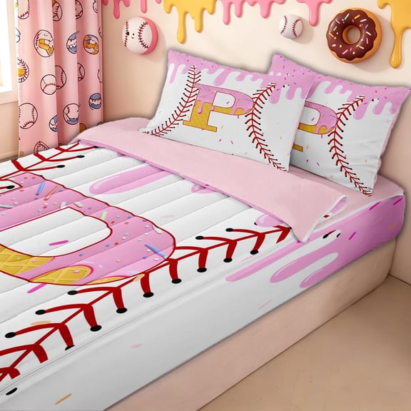meiyoeat Waffle Monogrammed P Zipper Twin Comforter Sets with Fitted Sheet and 2 Pillowcases for Boys, Ice Cream Baseball Zipper Bedding Set, Pink Yellow, Pink Reversible, 4pcs
