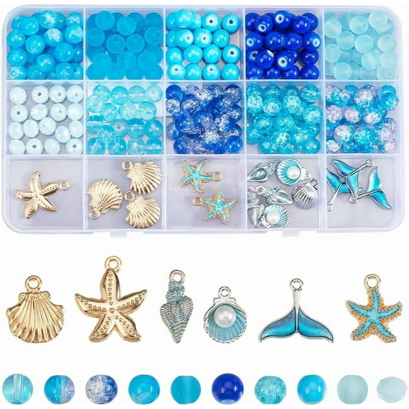 1 Box 274Pcs Glass Beads Kit Ocean Beads Hawaii Summer Sea Shell Starfish Fishtail Charms Round Spacer Loose Bead Blue Beads DIY