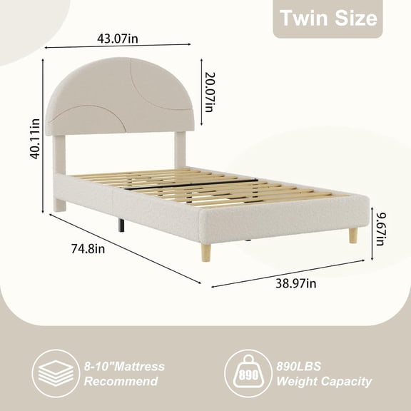 Twin/Full Size Boucle Headboard Bed Frame - Soft Arch Design, Wooden Slats Support, No Box Spring Required