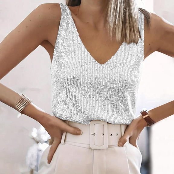 Women's Tennis Tanks Womens Sequin V Neck Tank Top Glittering Evening Straps Title Silver XXL