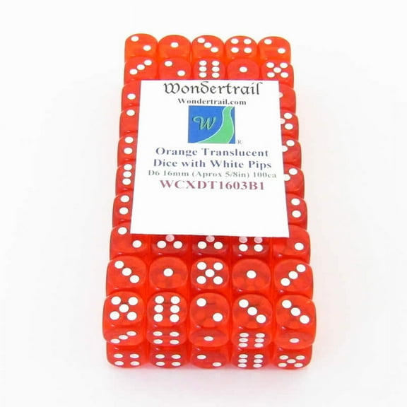 Orange Translucent Dice with White Pips D6 16mm (5/8in) Pack of 100 Wondertrail