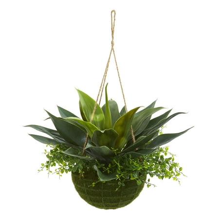 Nearly Natural 13" Agave and Maiden Hair Artificial Plant in Hanging Basket, Green