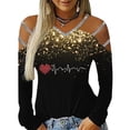 thumbnail image 3 of Gibobby Camisa De Invierno Top informal con estampado de de imitación para mujer, camiseta de manga larga con escote en V y hombros descubiertos, blusa（Dorado， S), 3 of 5