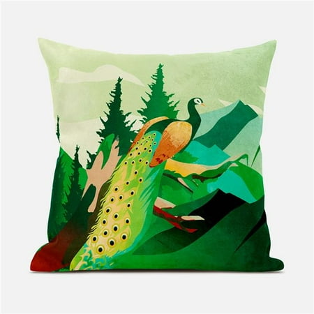 

Amrita Sen Designs CAPL928FSDS-BL-20x20 20 x 20 in. Mountain Peaock Suede Blown & Closed Pillow - Green Orange & Red
