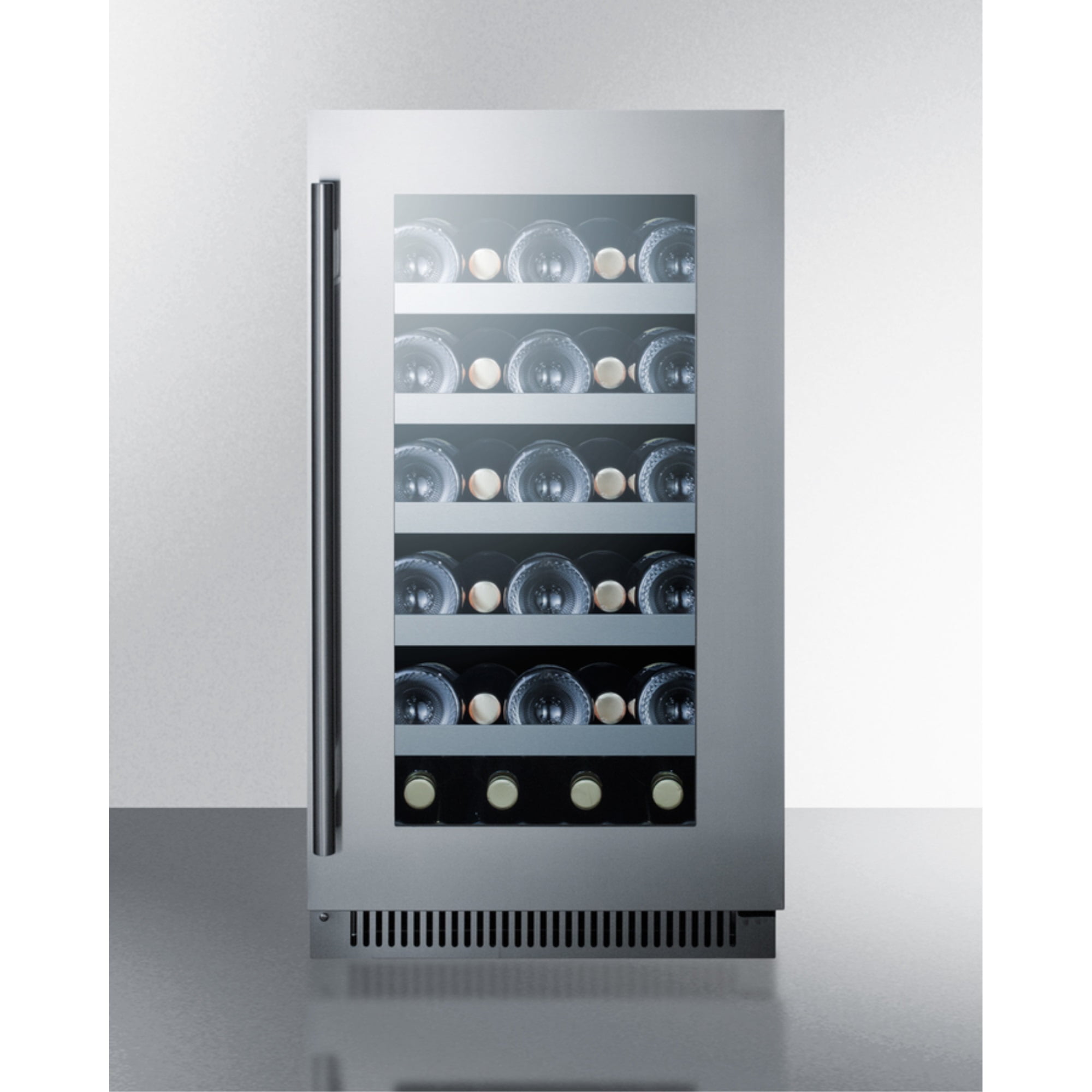 18" wide built-in wine cellar with seamless stainless steel trimmed glass door