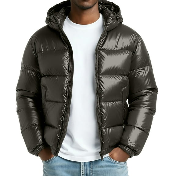 NTACZA Zip up Mens Fall Jackets Hooded Shiny Green Puffer Jacket Warm Quilted Padded Puffy Coats Coats for Men Winter L