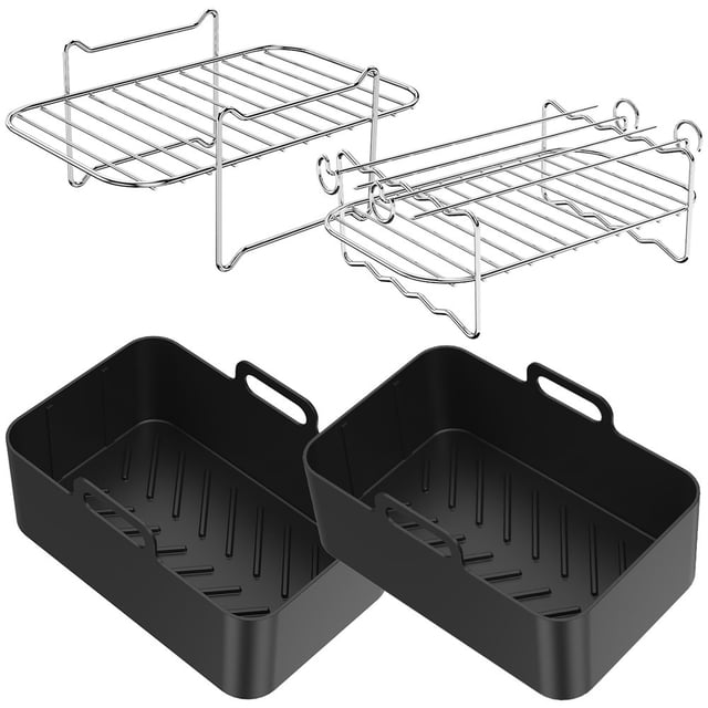 Jetcloud 8Pcs Accessoires de Friteuse à Air Chaud avec 2 Pot en Silicone et 1 Double Couche Rack 4 Brochettes Réutilisables à la Vapeur Poignée en Acier Inoxydable