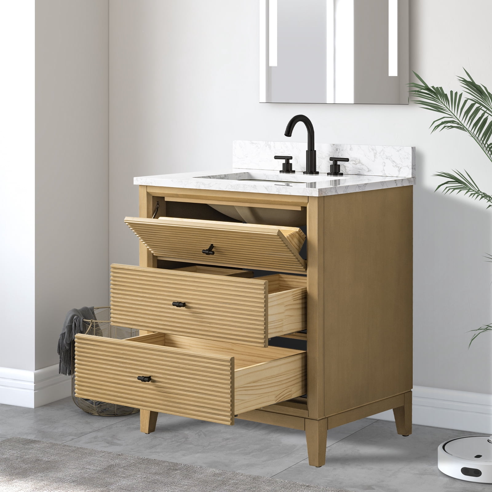 Vanity Art 30" Bathroom Vanity with Sink and Engineered Marble Top, Freestanding Storage Cabinet with 2 Drawers and 1 Flip Down Tray