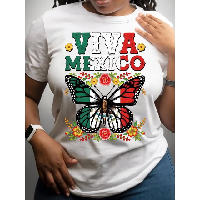 Camiseta con estampado de mariposa y bandera, manga corta, cuello redondo, informal, para verano y primavera, para mujer, para deportes de ocio.