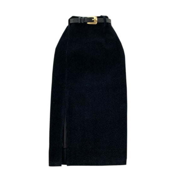 YM YOUMU Women A-line Skirt Slit High Waist Mid-length with Belt Retro