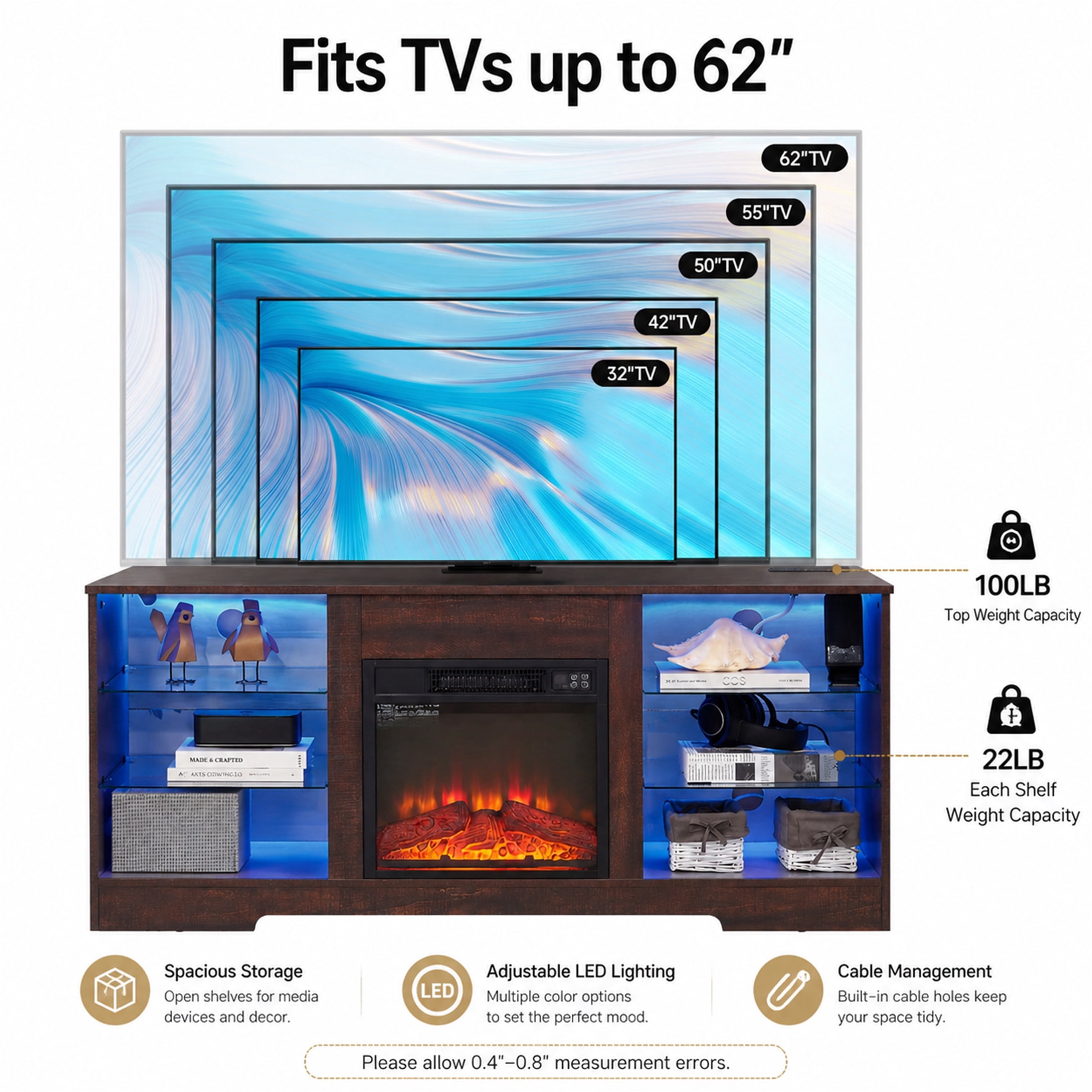 SESSLIFE Fireplace TV Stand, 58" LED Light Entertainment Center with Adjustable Flame Fireplace, Power Outlets & Shelves, Remote & App Control, TV Stand with Fireplace for Living Room, Espresso