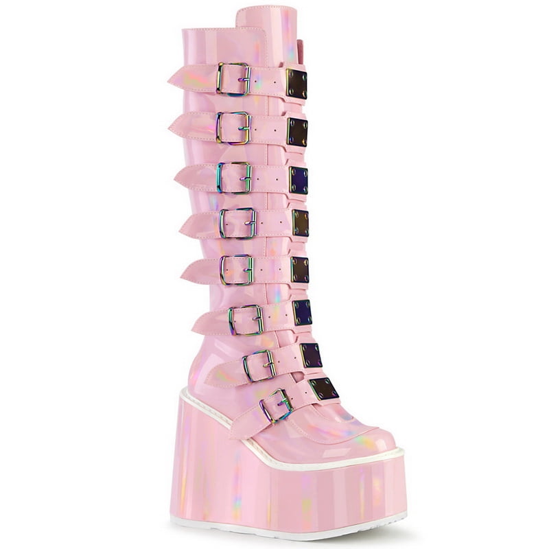 Demonia 4.5" Platform Lace Up Shiny Black Hologram Ankle Boots 6 7 8 9 10 11 12 