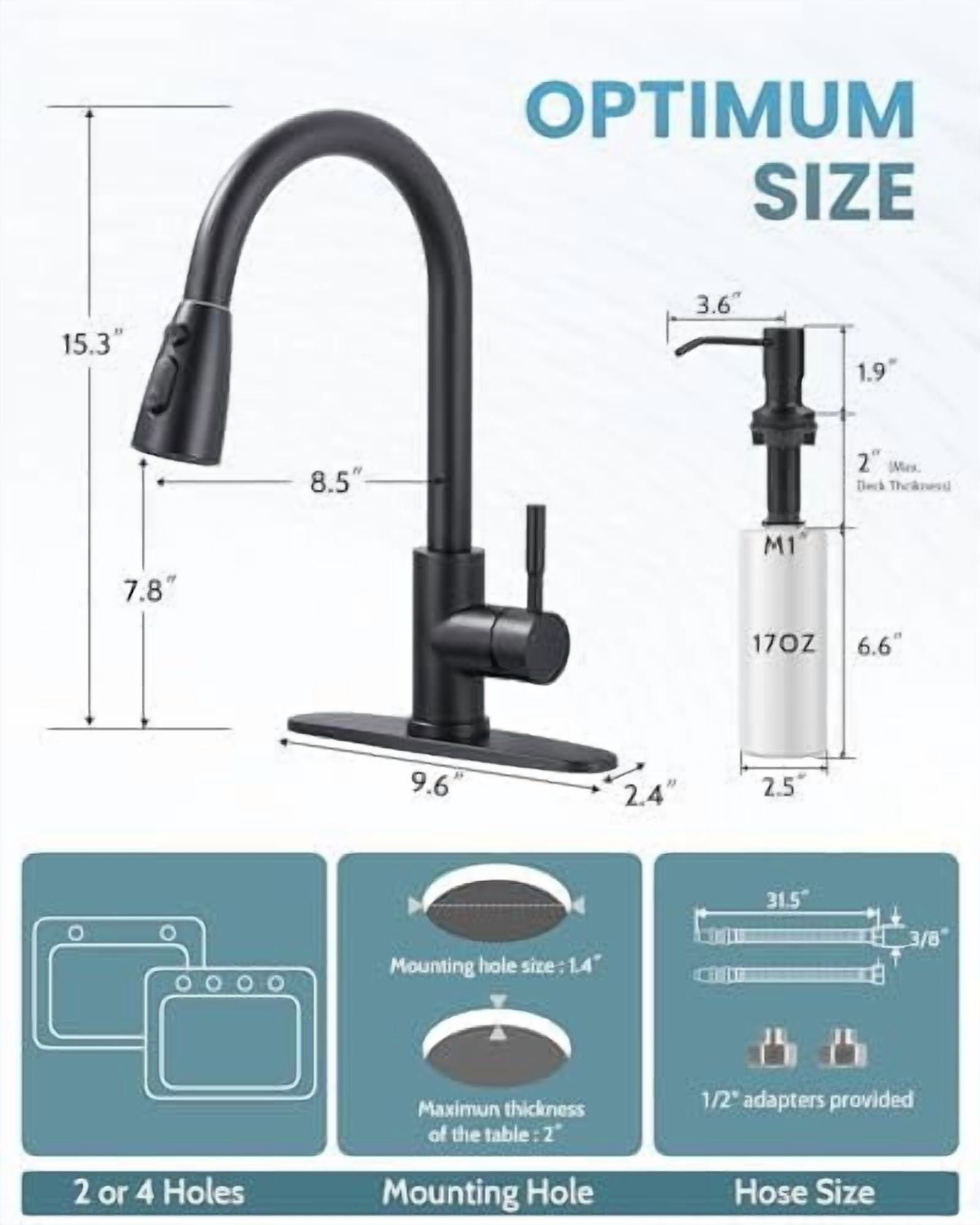 Black Kitchen Faucet with Soap Dispenser, Stainless Steel Kitchen Sink Faucet, Matte Black Kitchen Faucet Single Handle High Arc Utility Sink Faucet for Sink, RV, Laundry, Bar