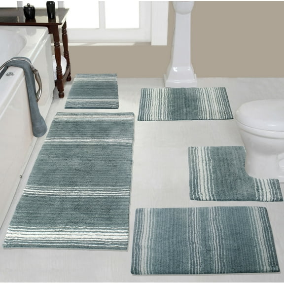Home Weavers Gradation Rug Collection 100% Cotton Non-Slip Bathroom Rug Set Machine Washable Bathroom Rug, Bath Rug, Runner, U Shaped Contour, Bathroom Rug, Gray Color 5 Piece Bath Rug set