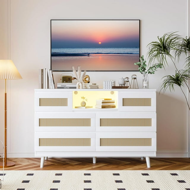 Kojooin 6-Drawer Rattan Dresser Organizer, Modern Farmhouse Chest with LED Light & Charging Station, Deep Drawers