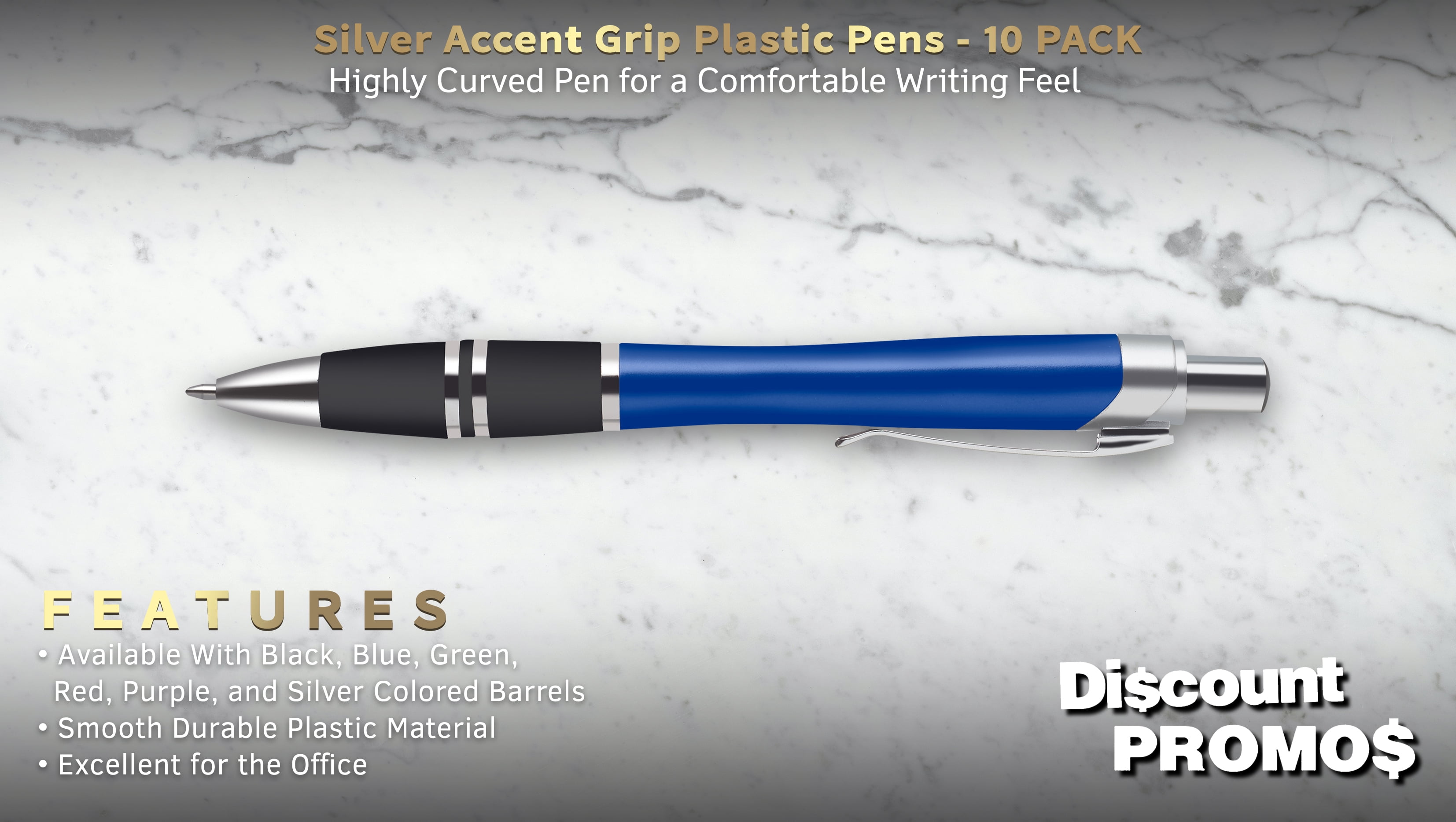 10 Silver Accent Grip Plastic Pens Pack - Click action, Rubber Grip - Blue