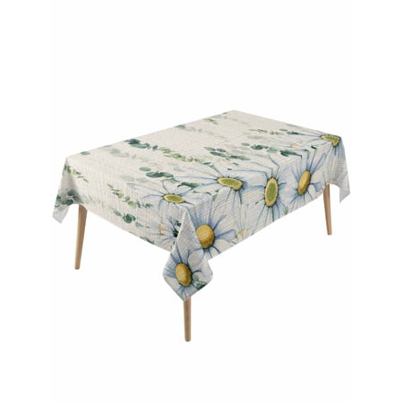 Daisy Eucalyptus Leaves Table Cloth, Waterproof Tablecloth for Rectangle Tables, Rustic Weeping Botanical Linen Reusable Washable Fabric Table Cover for Restaurant Kitchen Dining Tables 60"x120"