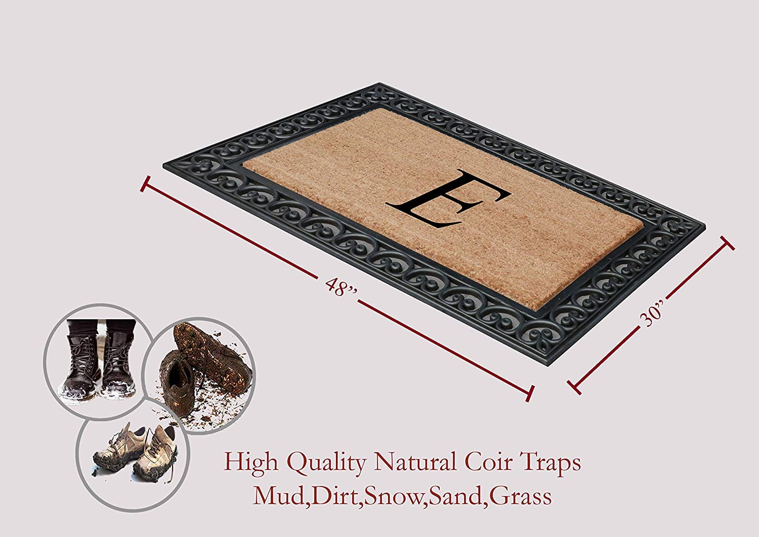 A1HC 30"x48" Natural Coir & Rubber Paisley Monogrammed Door Mat, Heavy-Duty, Low-Profile, Anti-Shed Outdoor Entrance Mat