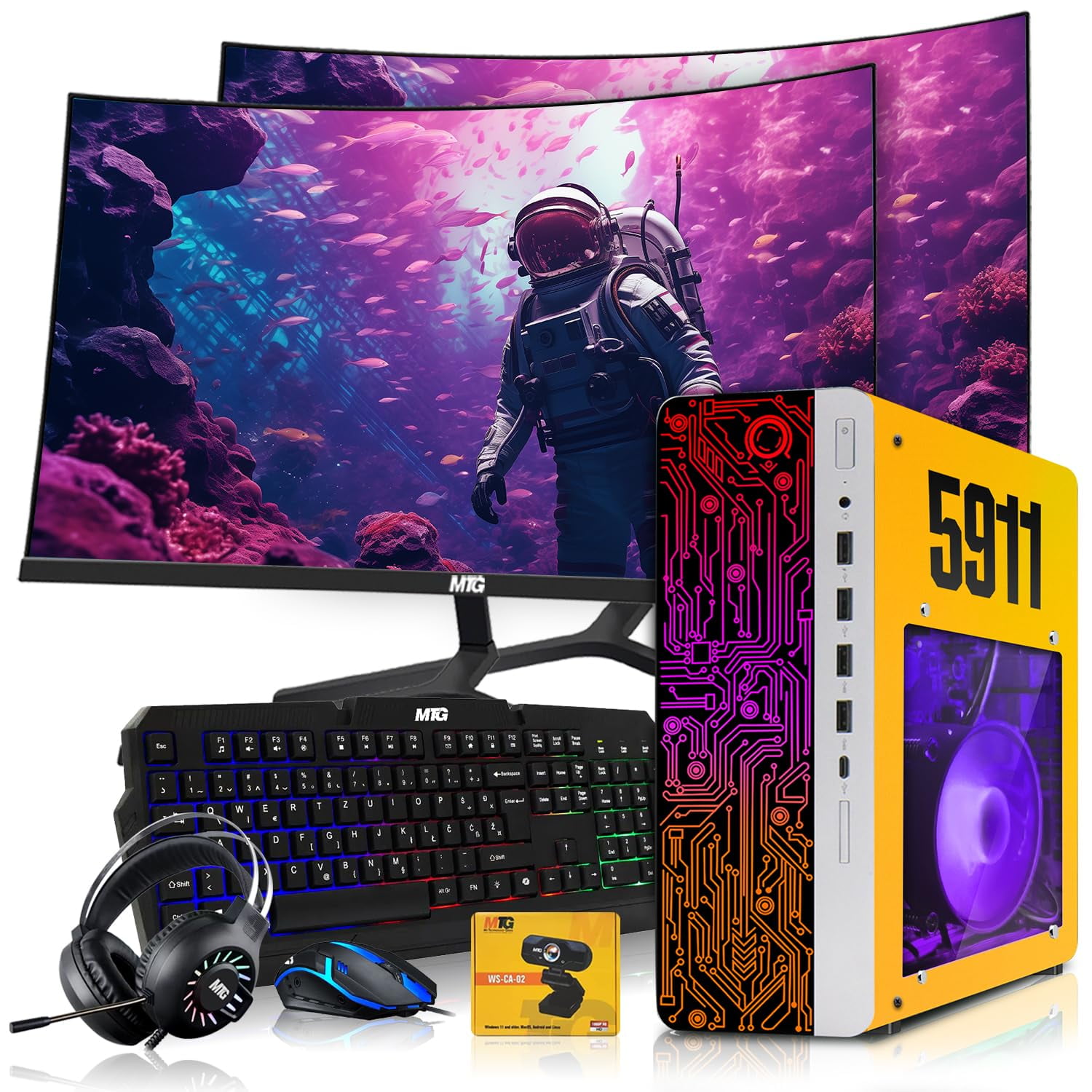 Restored HP Gaming PC Desktop Computer 5911 AMD A10-9700, GT 1030, 16GB RAM, 512GB SSD, Dual 32 Inch Curved Monitor, RGB KBM with AI Copilot, WiFi, RGB Headphone, Webcam, Windows11