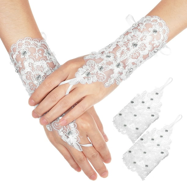 1 par de guantes de encaje para mujer, con bordado de malla, flores y diamantes de imitación, sin dedos, para novia, graduación, accesorios de vestuario de boda.