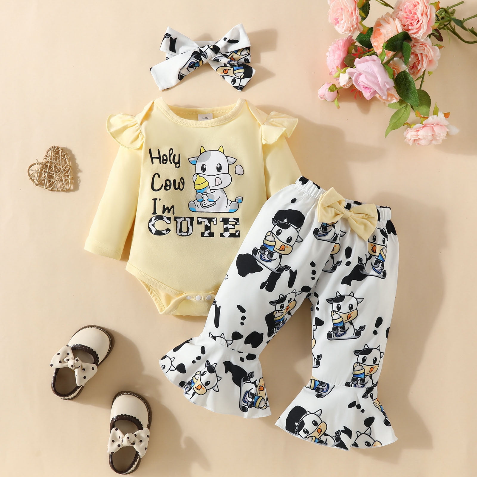 Girls Outfit Long Sleeve Printed Romper Bodysuit Cartoon Dairy Cow Prints Bell Bottoms Headband Outfits Girls Clothes Set Beige 0 Months-3 Months